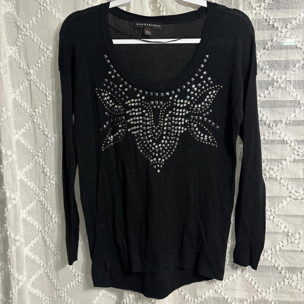 Rock & Republic Womens Black Studded‎ Rhinestone Scoop Neck Long Sleeve XS